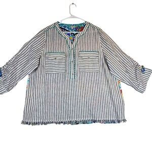 John Mark Womens 1X Mixed Media Linen Tunic Striped Abstract Print Fringe Top